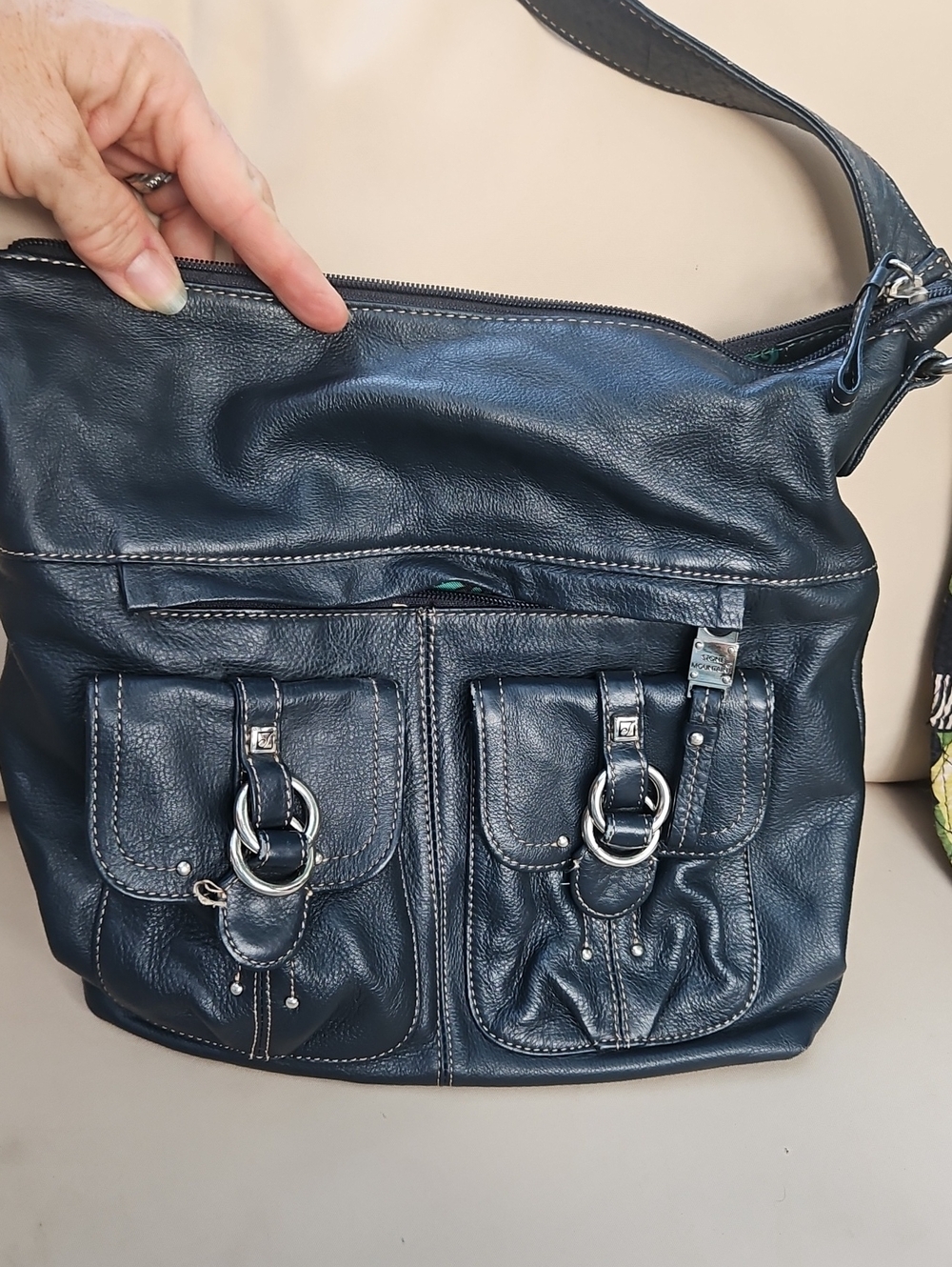 Stone Mountain Accessories Navy Leather Shoulder Bag with Silver Hardware